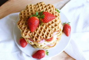 Low Carb Waffles with Caramelized Banana and Fresh Strawberries.