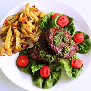 Ostrich Lettuce Cup Burgers with Sweet Potato Fries and Basil Pesto