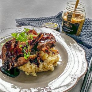 Lamb rack with Maille Wholegrain mustard mashed potato