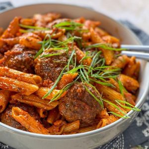 Meatballs with tomato penne