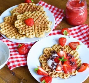 Low Carb Waffles with Caramelized Banana and Fresh Strawberries