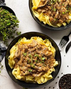 Classic beef stroganoff with steak and mushrooms 